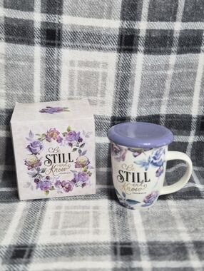 Be Still and Know Floral Ceramic Mug with Lid - Lavender Accents